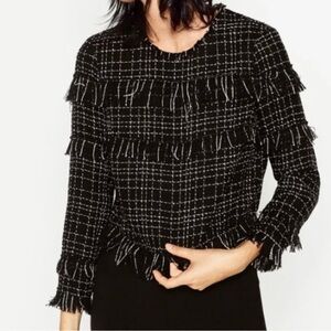Zara Black and White Checkered Fringe Crop Top size S
